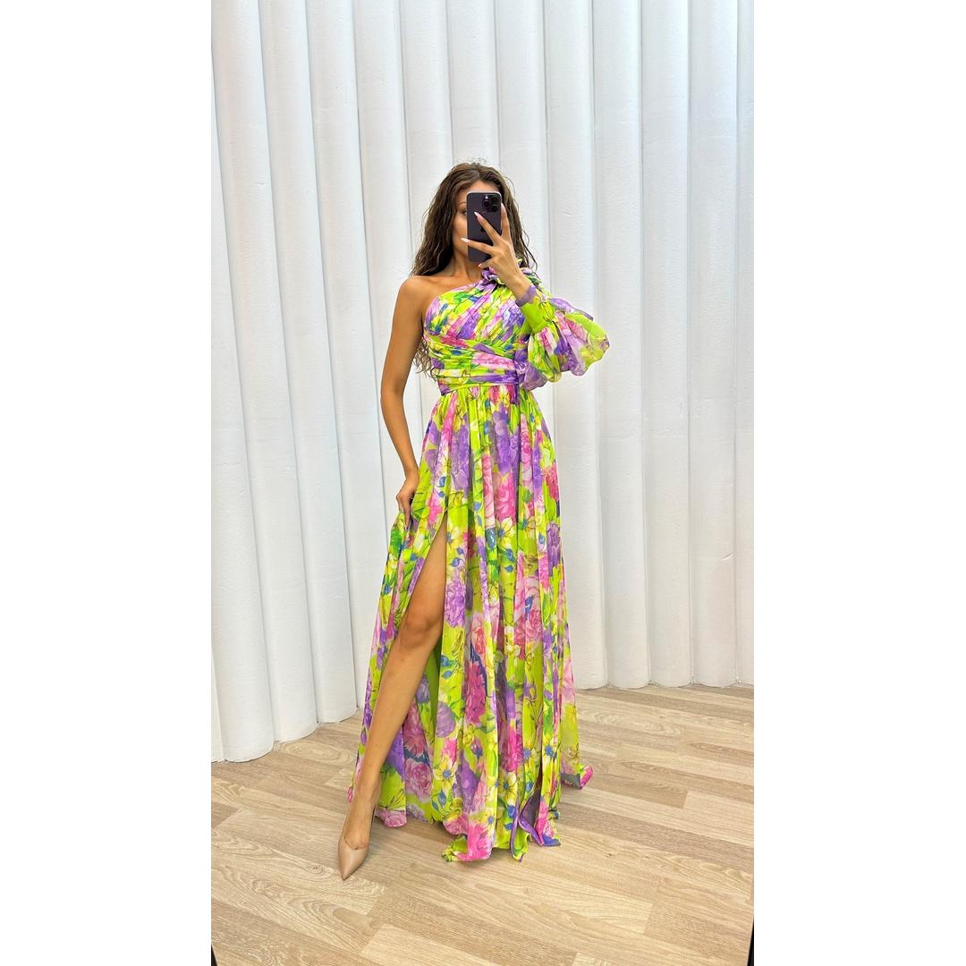 Daphne | Ein-Schulter Blumenprint Maxi Kleid Mit Hohem Schlitz