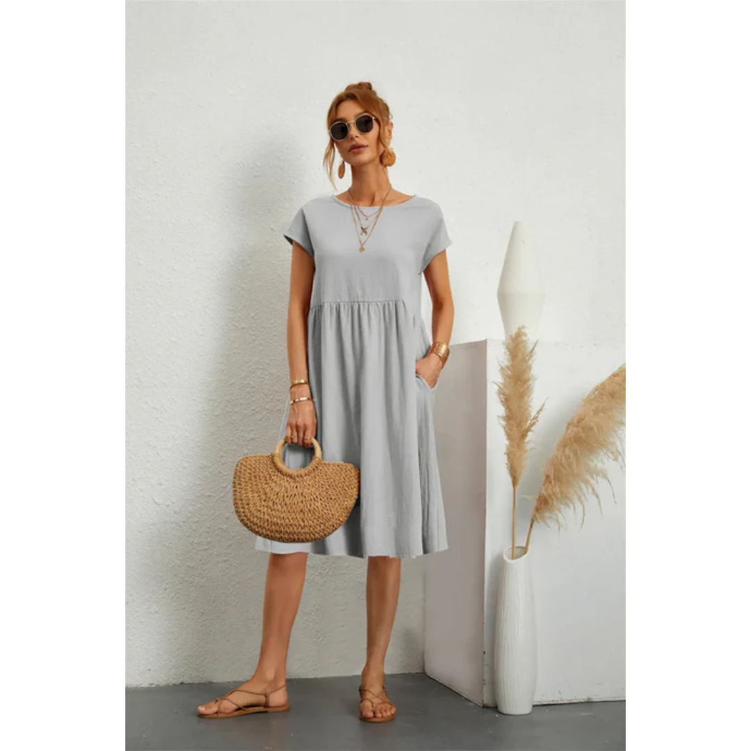 Tessa | Damen Kurzarm Midi Kleid Mit Rundhalsausschnitt