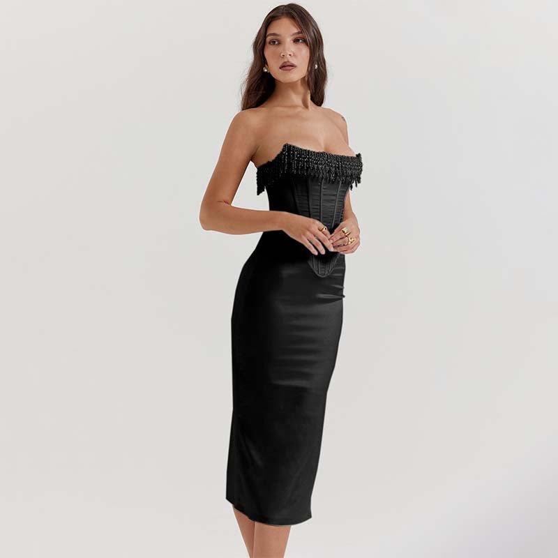 Savannah | Damen Trägerloses Korsett Midikleid Mit Fransenbesatz