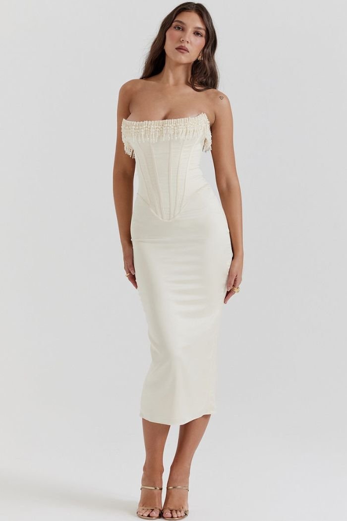 Savannah | Damen Trägerloses Korsett Midikleid Mit Fransenbesatz