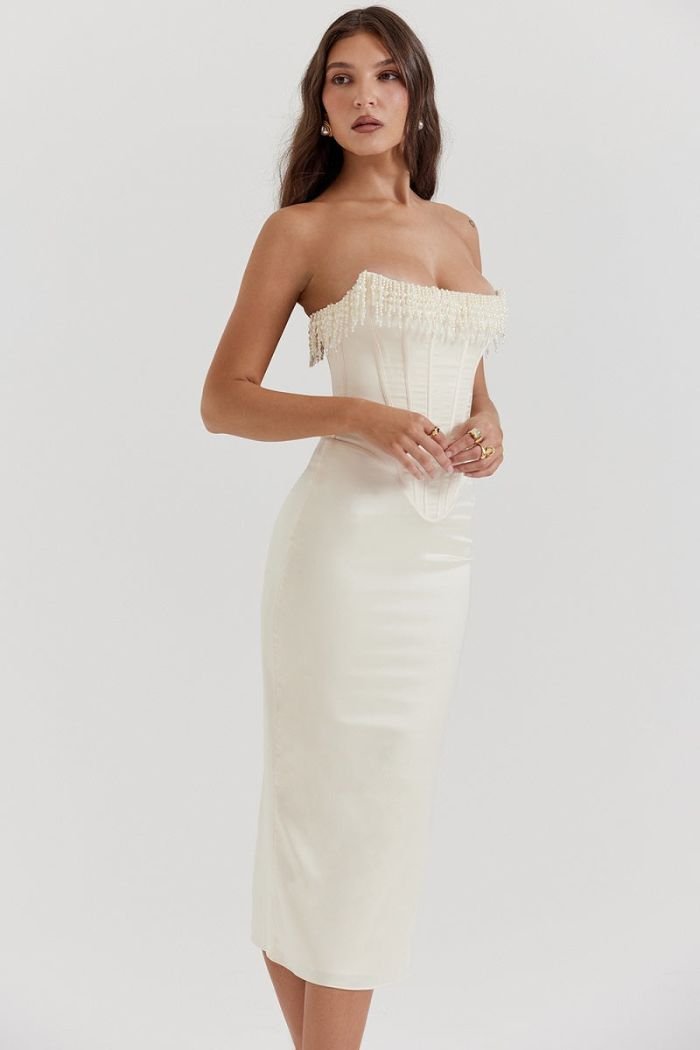 Savannah | Damen Trägerloses Korsett Midikleid Mit Fransenbesatz