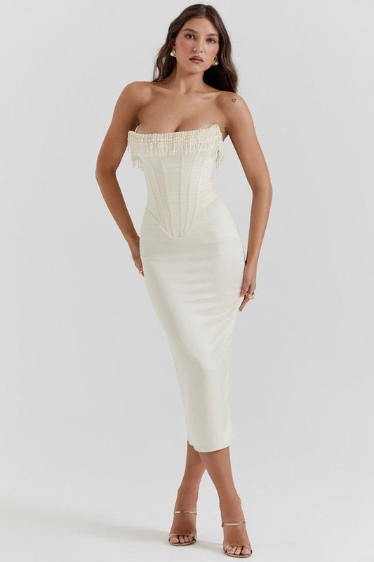 Savannah | Damen Trägerloses Korsett Midikleid Mit Fransenbesatz