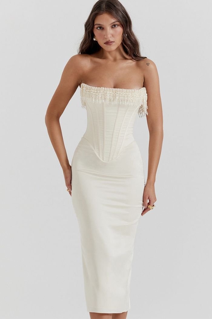 Savannah | Damen Trägerloses Korsett Midikleid Mit Fransenbesatz