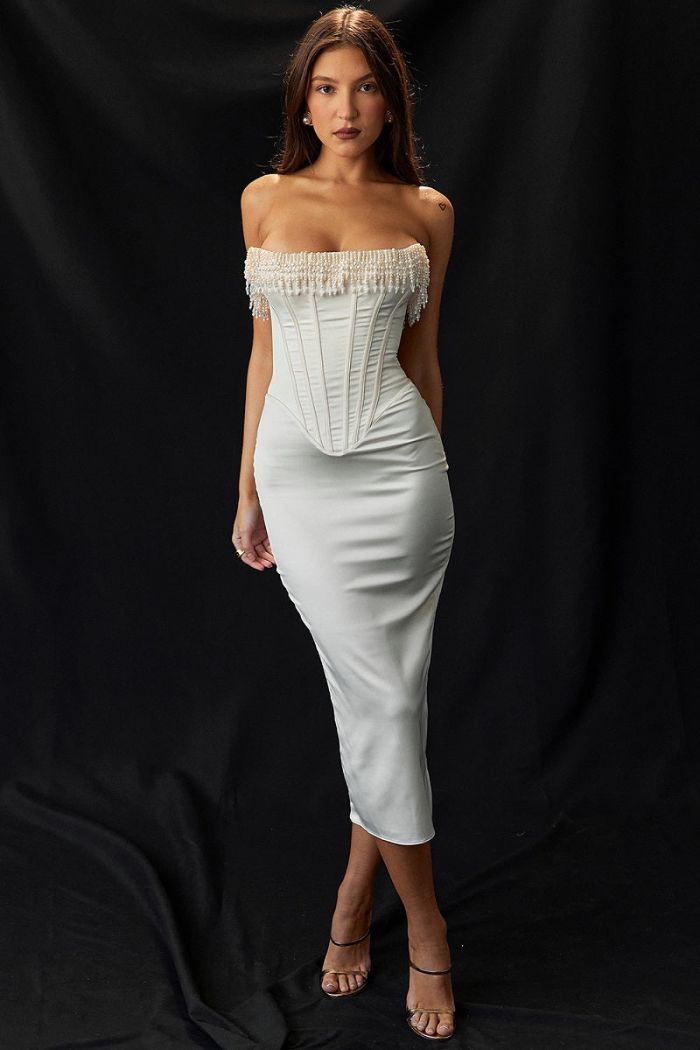 Savannah | Damen Trägerloses Korsett Midikleid Mit Fransenbesatz