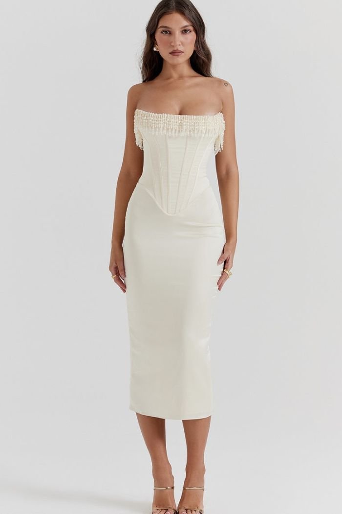 Savannah | Damen Trägerloses Korsett Midikleid Mit Fransenbesatz