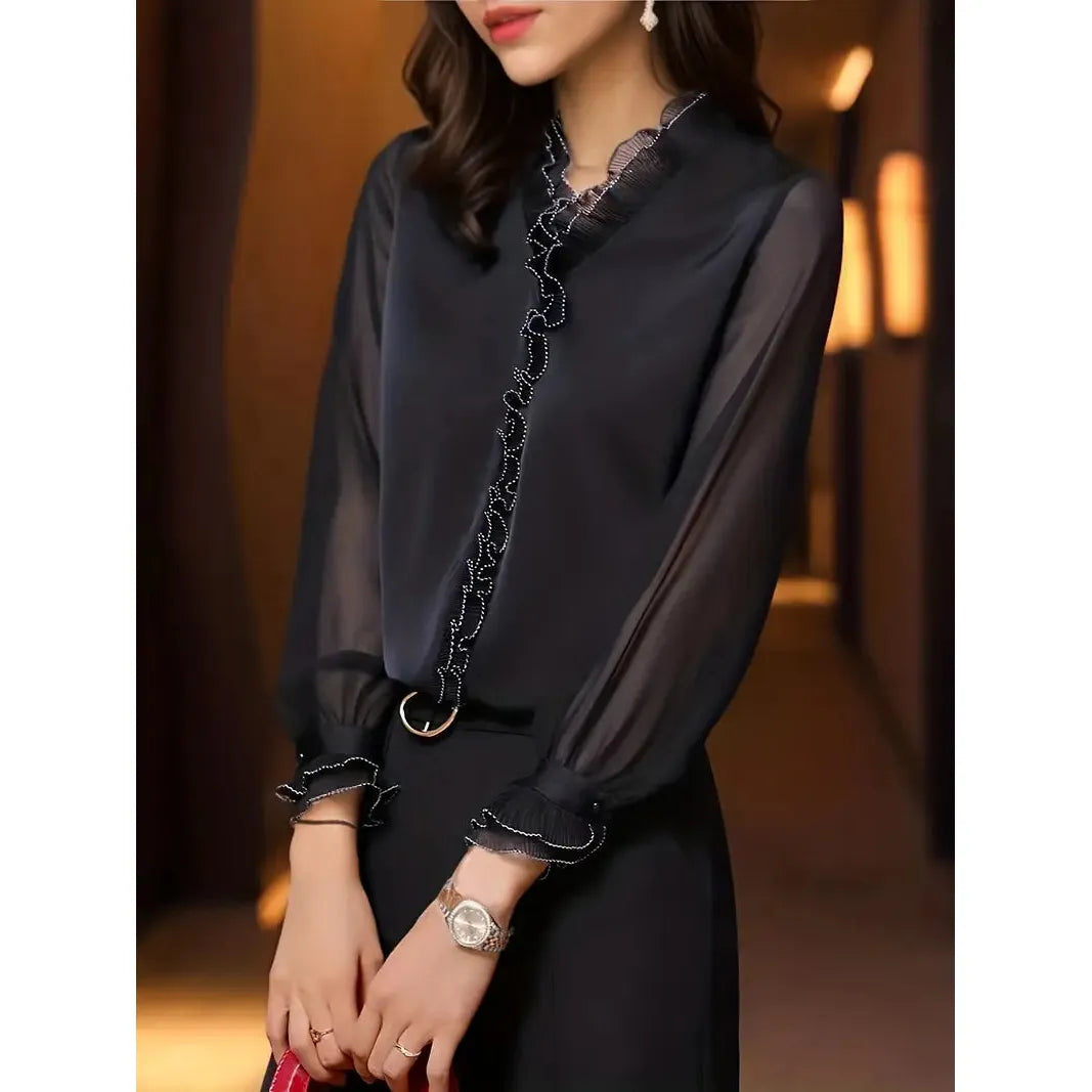 Danica | Damen Langarm Bluse Mit Rüschenbesatz