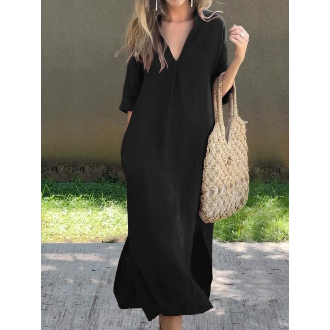 Elise | Damen Midikleid Mit V-Ausschnitt Und Halbärmeln