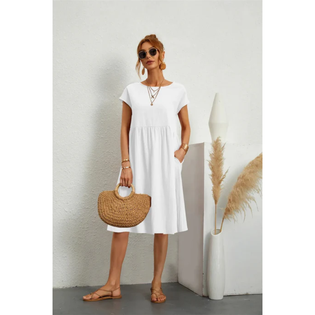 Tessa | Damen Kurzarm Midi Kleid Mit Rundhalsausschnitt
