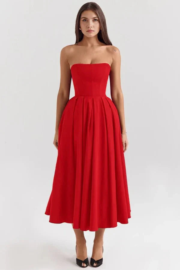 Sophie | Damen Trägerloses Plissee Midikleid
