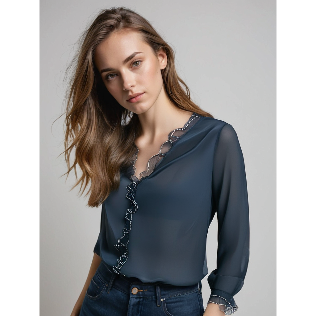 Danica | Damen Langarm Bluse Mit Rüschenbesatz