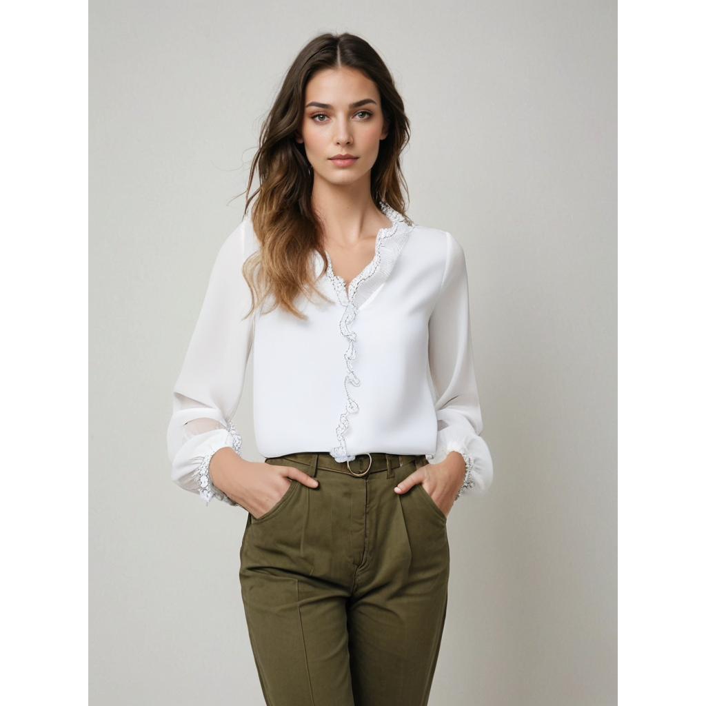 Danica | Damen Langarm Bluse Mit Rüschenbesatz