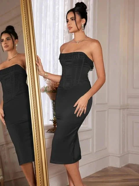 Savannah | Damen Trägerloses Korsett Midikleid Mit Fransenbesatz