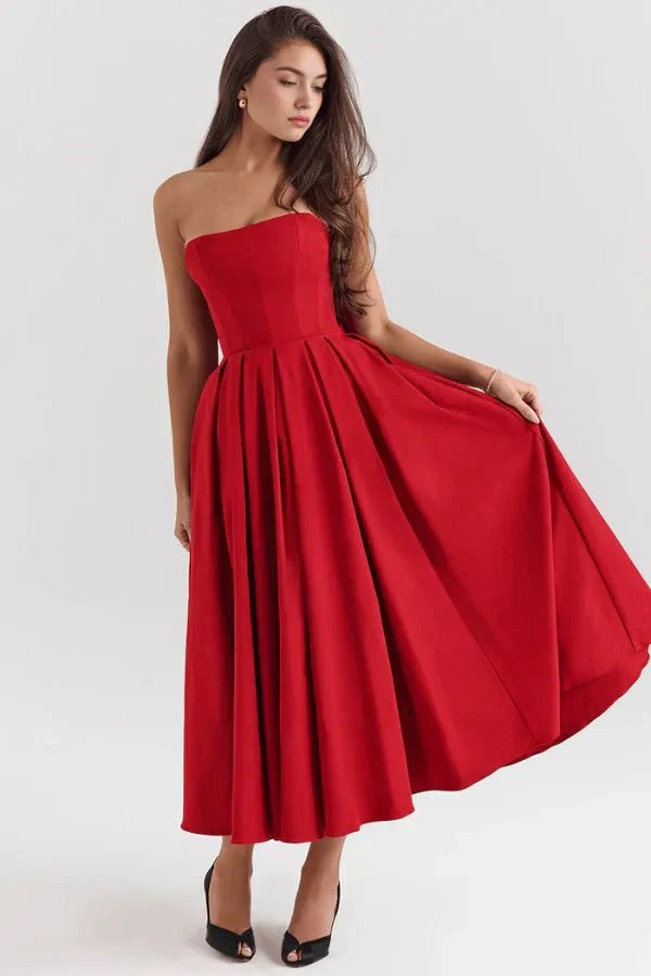 Sophie | Damen Trägerloses Plissee Midikleid