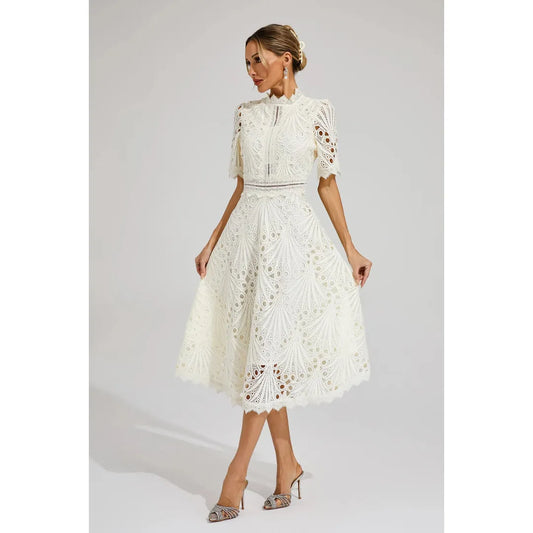 Juliette | Damen Kurzarm Spitzen Midi Kleid