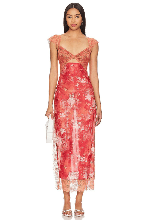 Elena | Damen Maxikleid Mit Blumenprint Und Spitzenbesatz