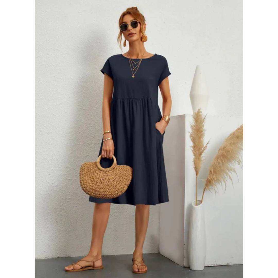 Tessa | Damen Kurzarm Midi Kleid Mit Rundhalsausschnitt
