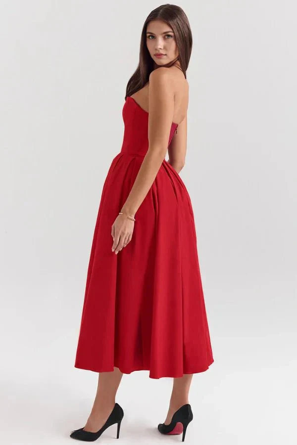 Sophie | Damen Trägerloses Plissee Midikleid