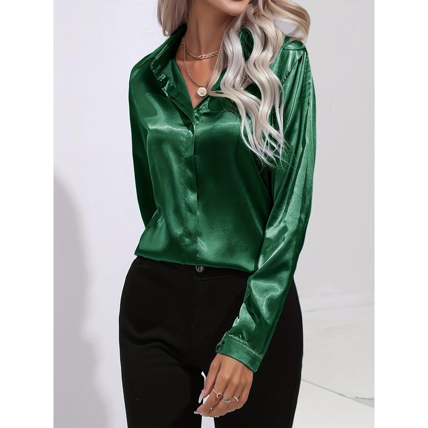 Luciana | Damen Satin Hemd Mit Knopfleiste Und Langarm