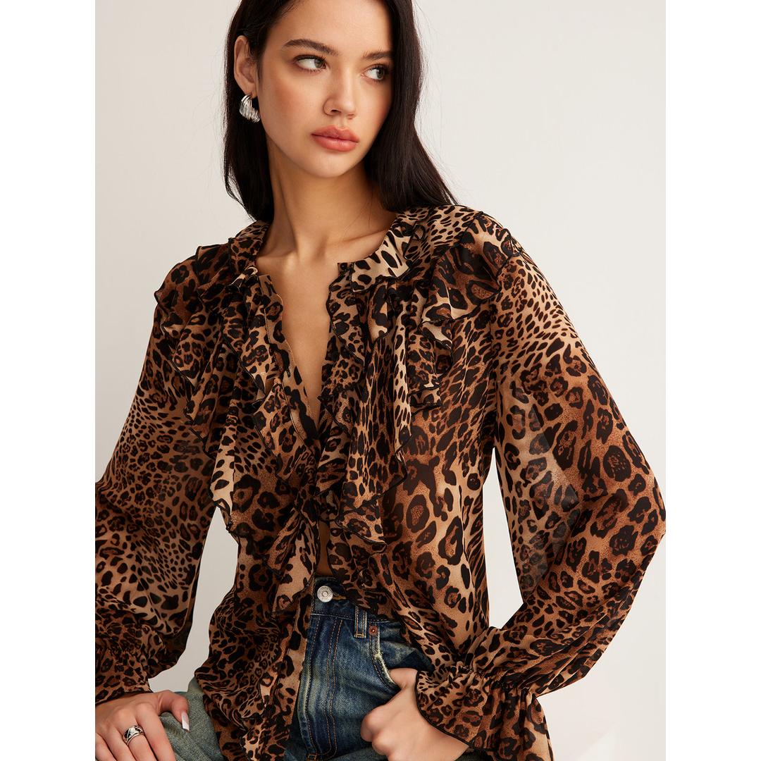 Alyssa | Damen Bluse mit Leopardenmuster und Rüschenkragen