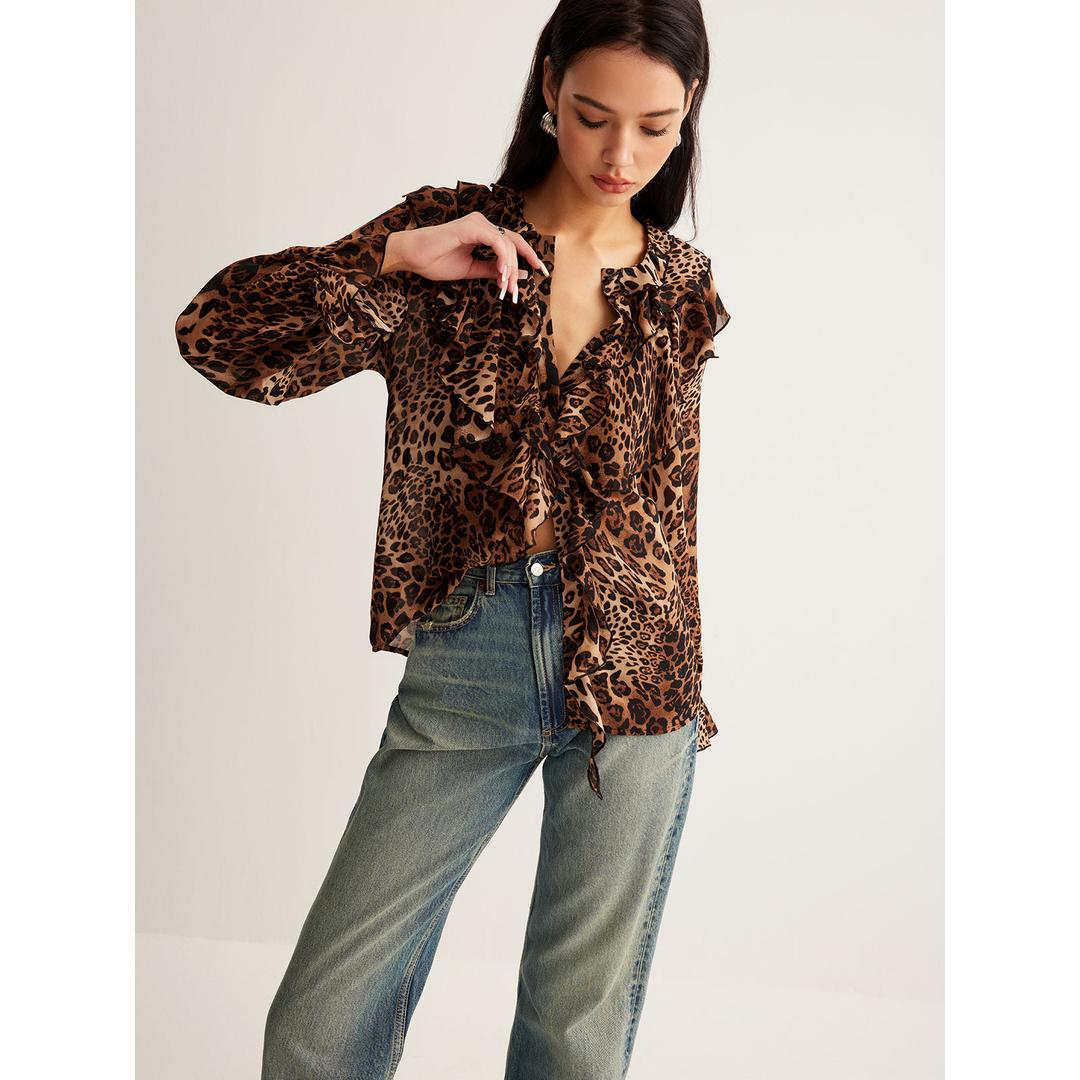 Alyssa | Damen Bluse mit Leopardenmuster und Rüschenkragen