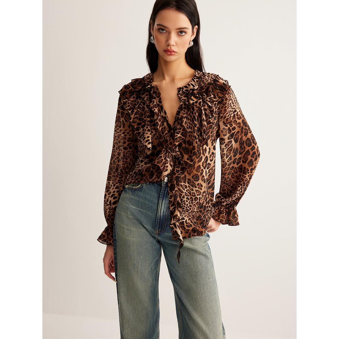 Alyssa | Damen Bluse mit Leopardenmuster und Rüschenkragen