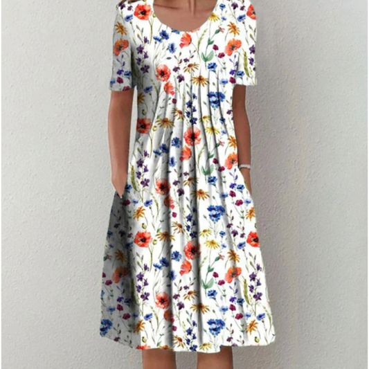 Leah | Damen Gemustertes Midi Kleid Mit Kurzarm