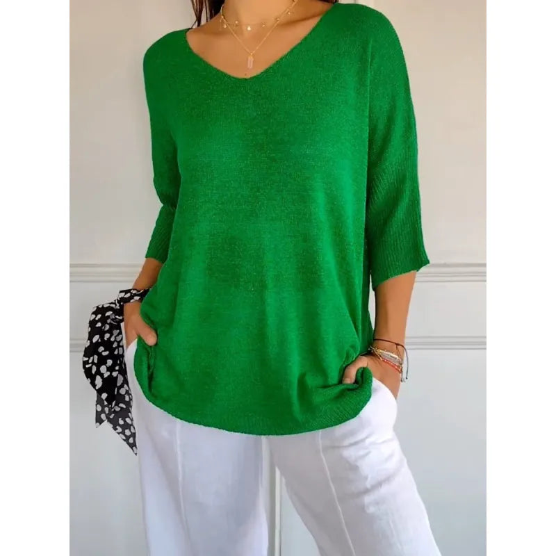 Lucille | Damen Stricktop Mit V-Ausschnitt Und Dreiviertelärmeln