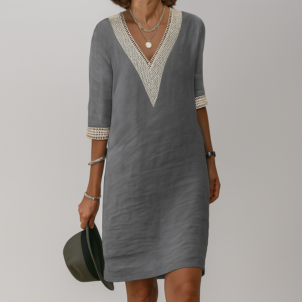 Marley | Damen Leinen Kleid Mit V-Ausschnitt Und Spitzenbesatz