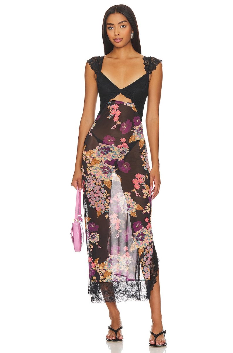 Elena | Damen Maxikleid Mit Blumenprint Und Spitzenbesatz