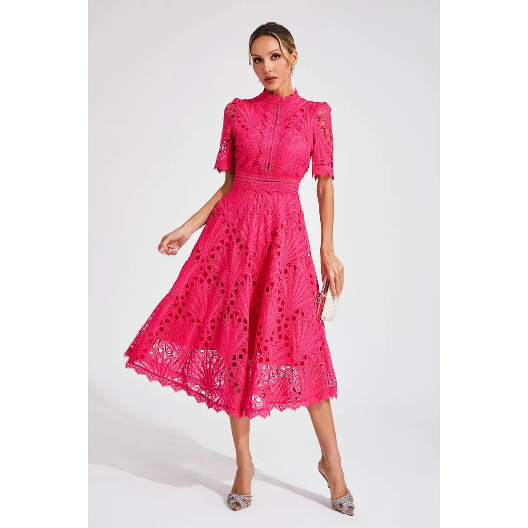 Juliette | Damen Kurzarm Spitzen Midi Kleid