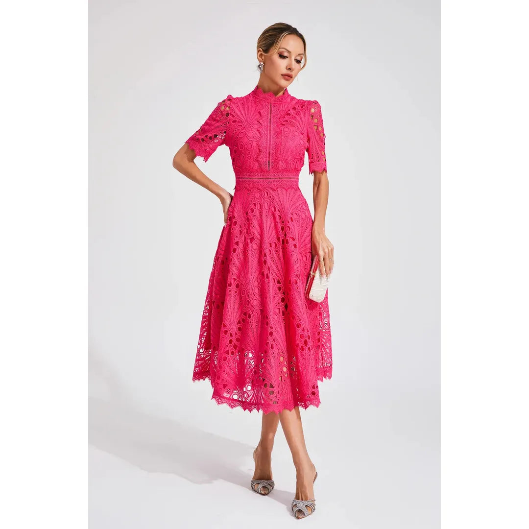 Juliette | Damen Kurzarm Spitzen Midi Kleid