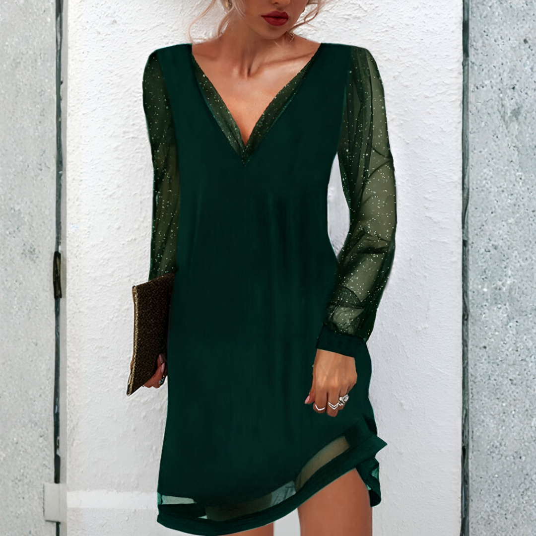 Josephine | Damen Langarm Kleid Mit V-Ausschnitt Und Transparenten Ärmeln