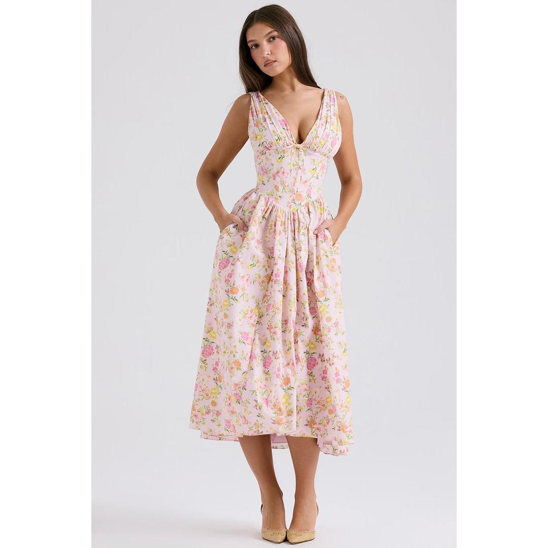 Aurora | Ärmelloses Blumen Midi Kleid Mit V-Ausschnitt