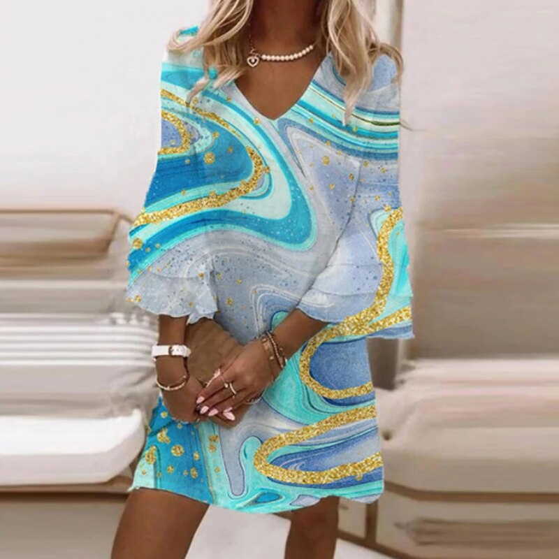 Reagan | Damen Mini Kleid Mit V-Ausschnitt Und Abstraktem Print