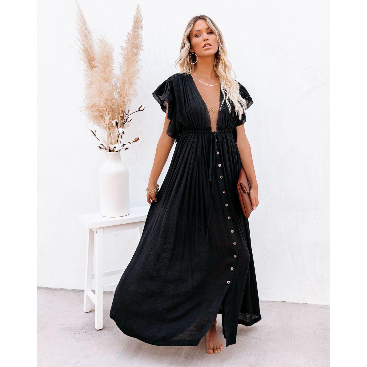 Blaine | Damen Langes V-Ausschnitt Kleid Mit Kurzarm