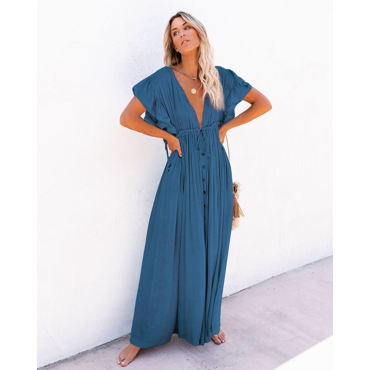 Blaine | Damen Langes V-Ausschnitt Kleid Mit Kurzarm
