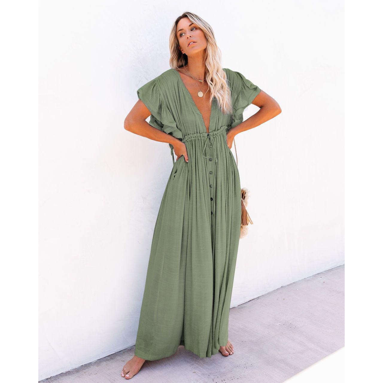 Blaine | Damen Langes V-Ausschnitt Kleid Mit Kurzarm