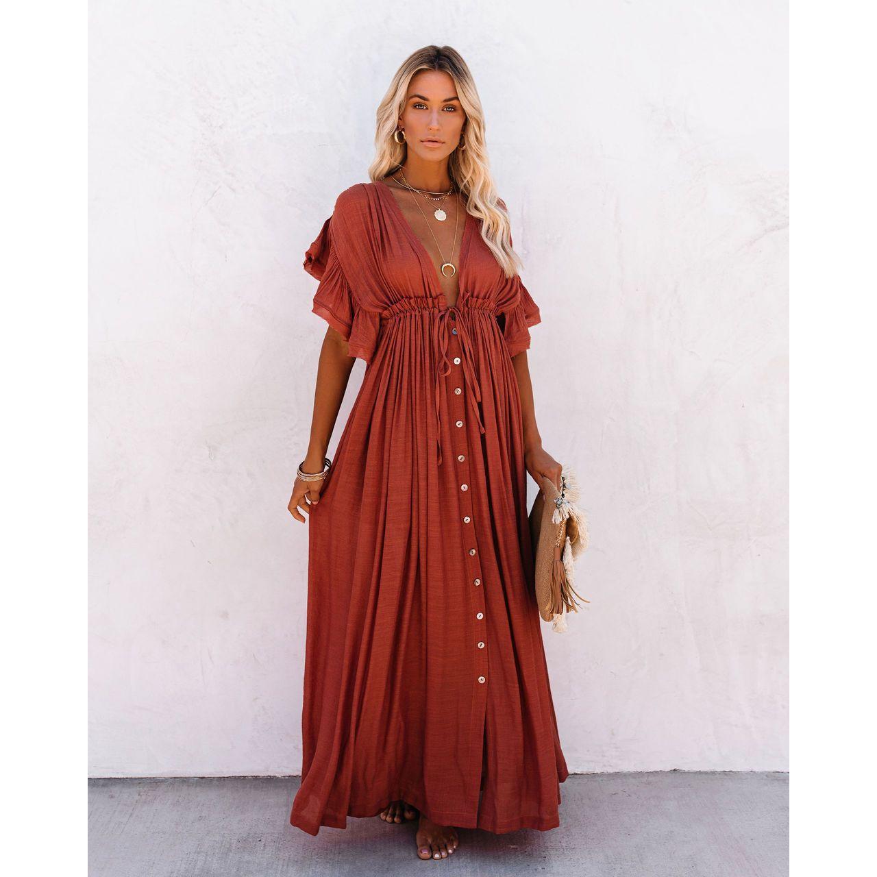 Blaine | Damen Langes V-Ausschnitt Kleid Mit Kurzarm