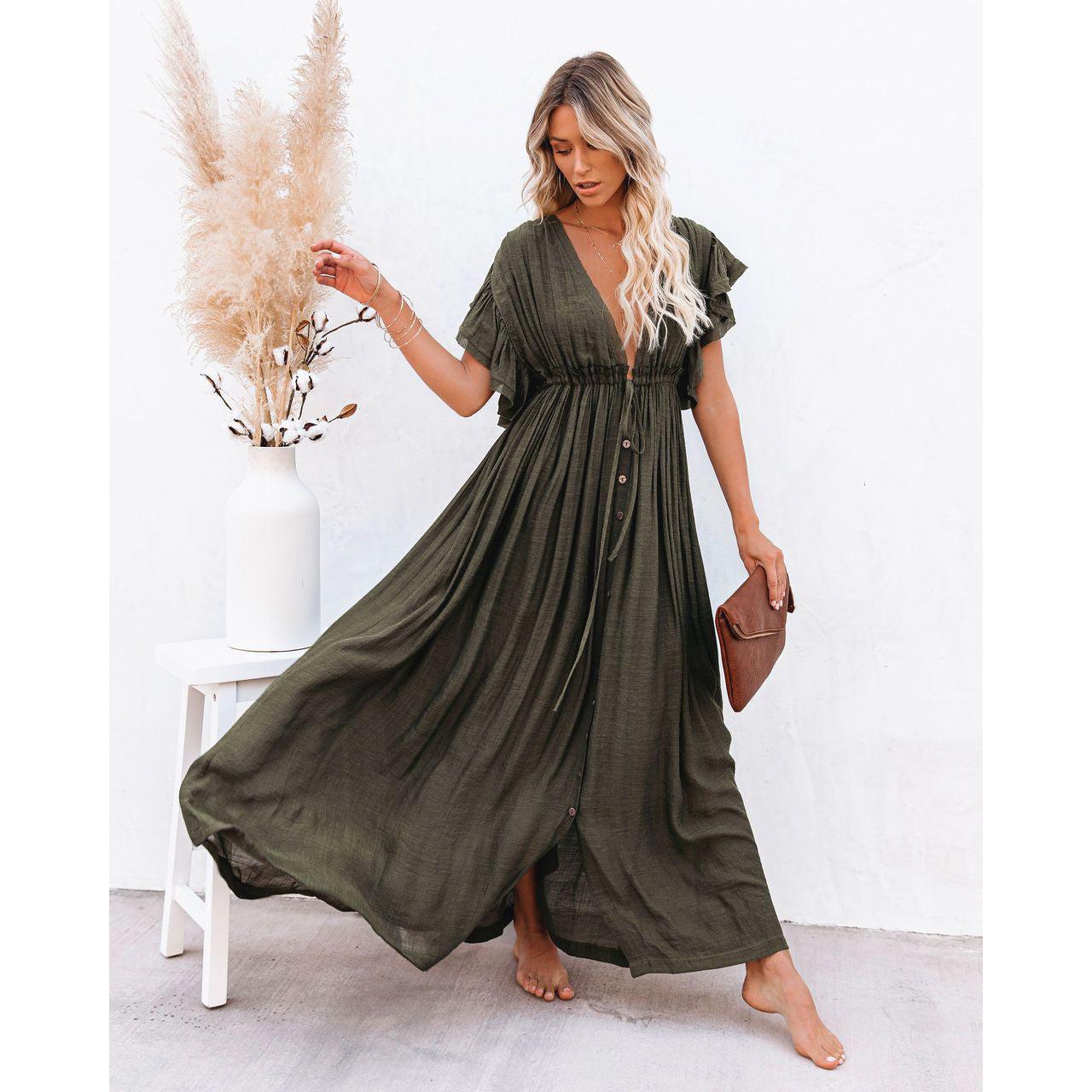 Blaine | Damen Langes V-Ausschnitt Kleid Mit Kurzarm