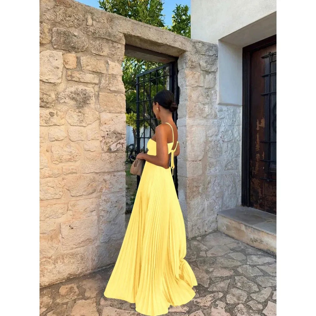 Elena | Damen Plissiertes Maxi Kleid Mit Spaghettiträgern