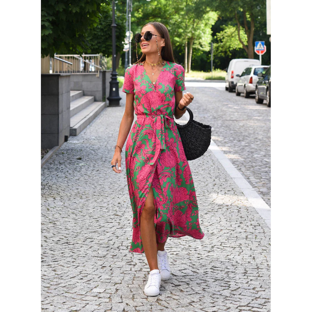Penelope | Damen Midi Kleid Mit Blumenprint Und Bindegürtel