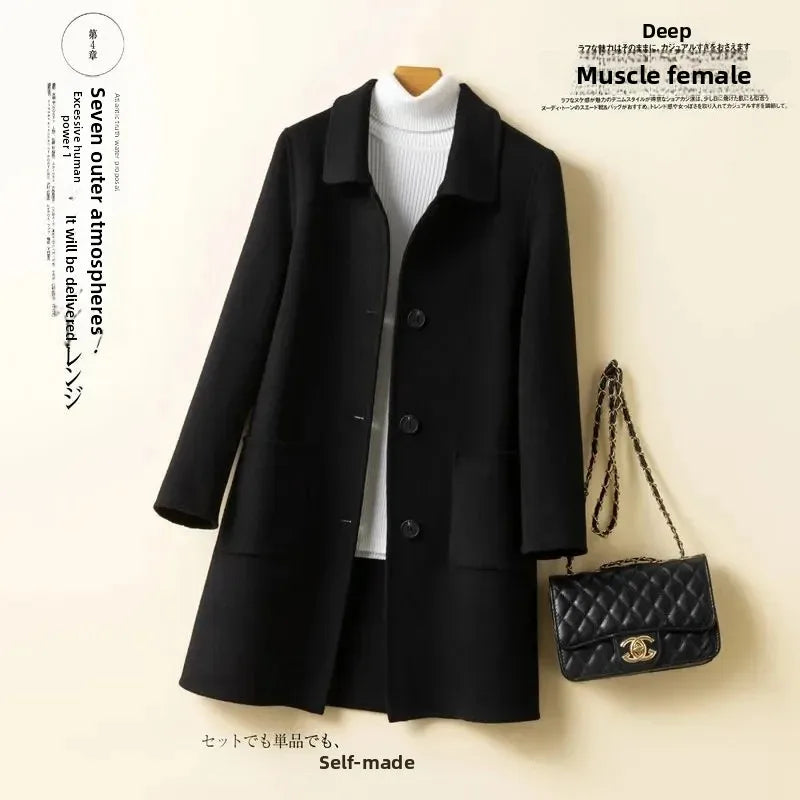 „Doppelseitiger Kaschmir-Wollmantel für Damen – mittellang, Eleganz Stil, Wintermode, hochwertig aus reiner Wolle.“