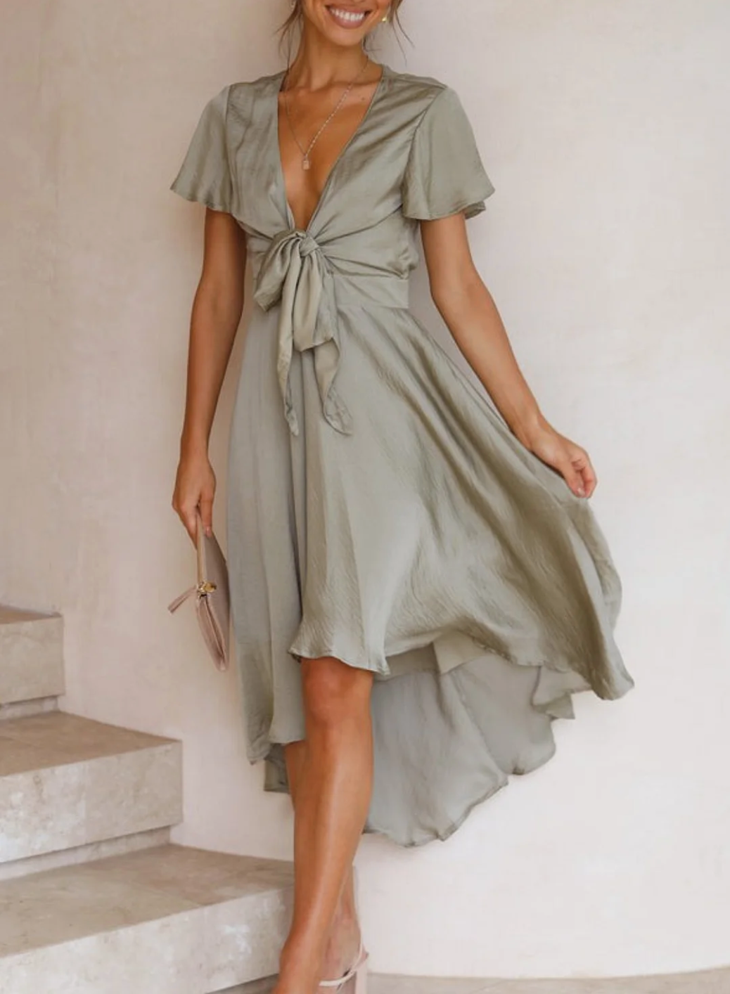 Rosalie | Damen Midikleid Mit Schleifenbindung Vorne Und Kurzarm