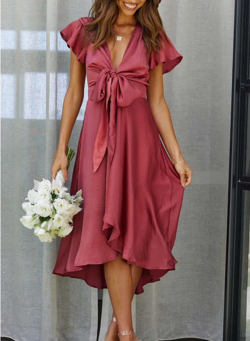 Rosalie | Damen Midikleid Mit Schleifenbindung Vorne Und Kurzarm