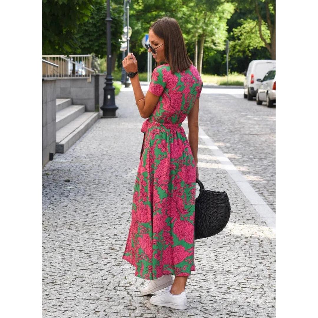 Penelope | Damen Midi Kleid Mit Blumenprint Und Bindegürtel