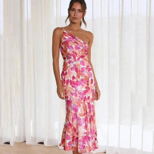 Mila | Asymmetrisches Blumen Midi Kleid Mit Ein-Schulter