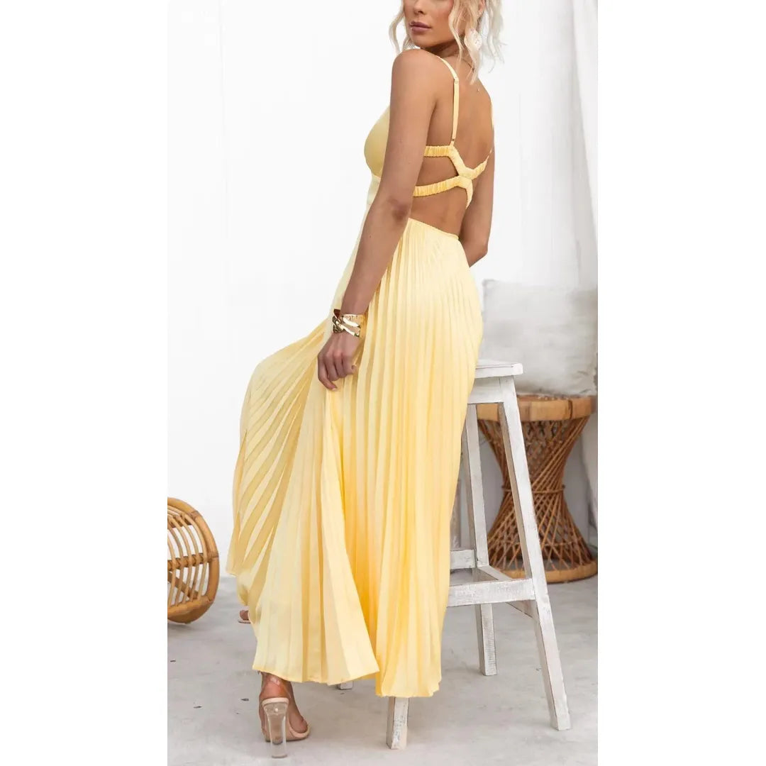 Arabella | Damen Plissee Maxi Kleid Mit V-Ausschnitt Und Ärmellos