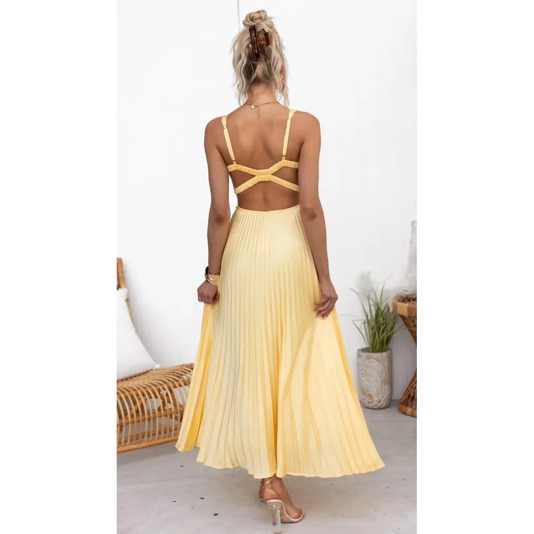 Arabella | Damen Plissee Maxi Kleid Mit V-Ausschnitt Und Ärmellos