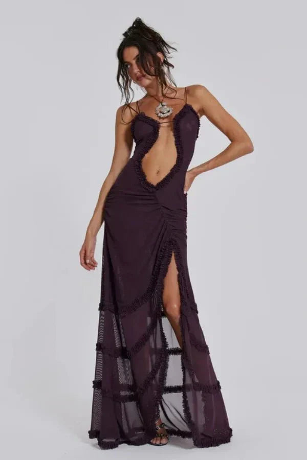 Camila | Damen Bedrucktes Maxikleid Mit Spaghettiträgern Und Cut-Out Detail