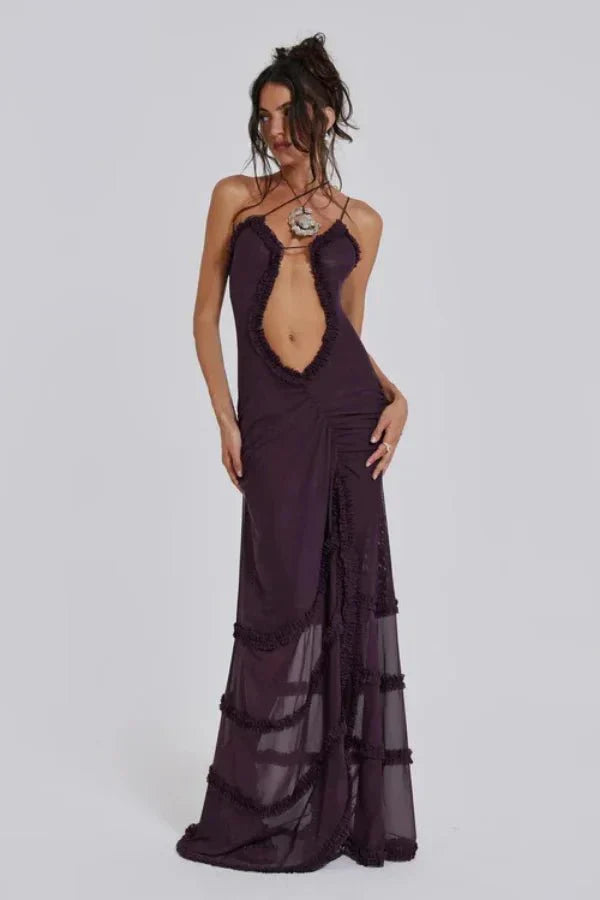 Camila | Damen Bedrucktes Maxikleid Mit Spaghettiträgern Und Cut-Out Detail